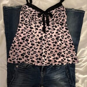 Y2K Pink & Black Floral Camisole Tank Top